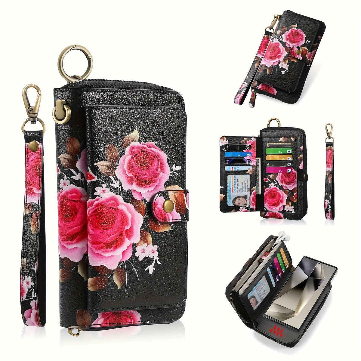 Floral Rose Print Long Wallet with Card Slots and Phone Pocket
