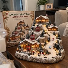 Christmas Village Mountain with Moving Cable Car and Ski Slope, Illuminated Winter Scene