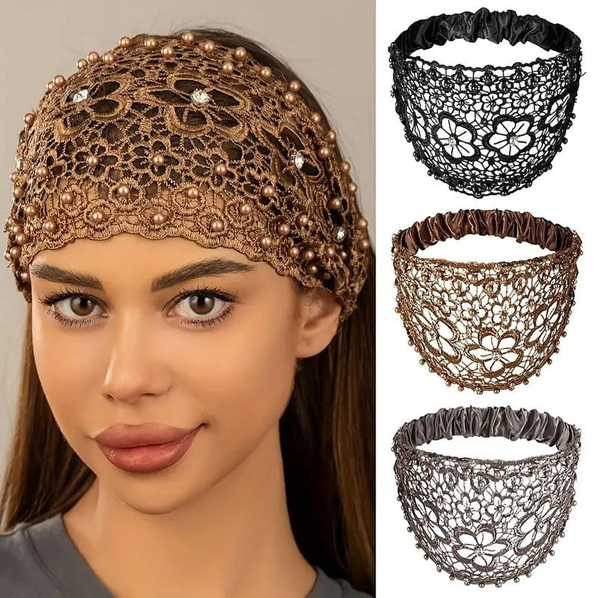 4-Pack: Wide Crochet Lace Headbands with Pearls and Rhinestones