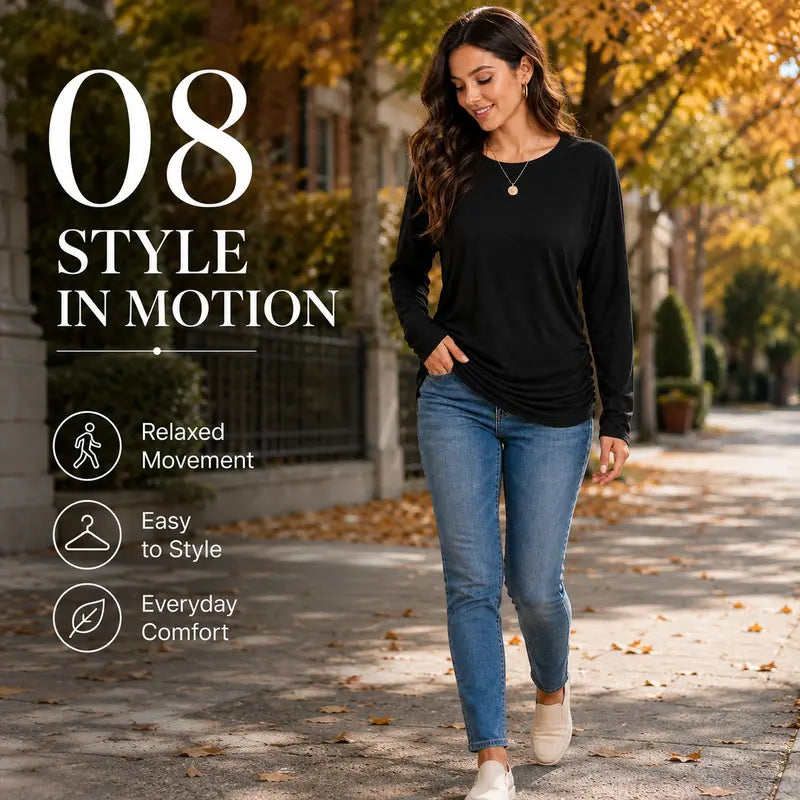 Womens Long Sleeve Shirts Ruched Hem Fall Tops Lightweight Sweaters