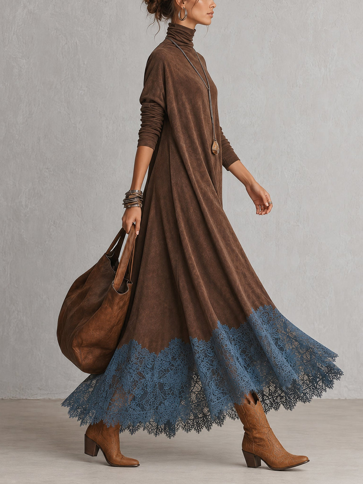 A-Line High-Neck Dress with Lace Panels and Long Sleeves