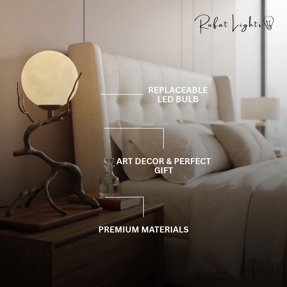 Rustic Wood Grain Moon Table Light