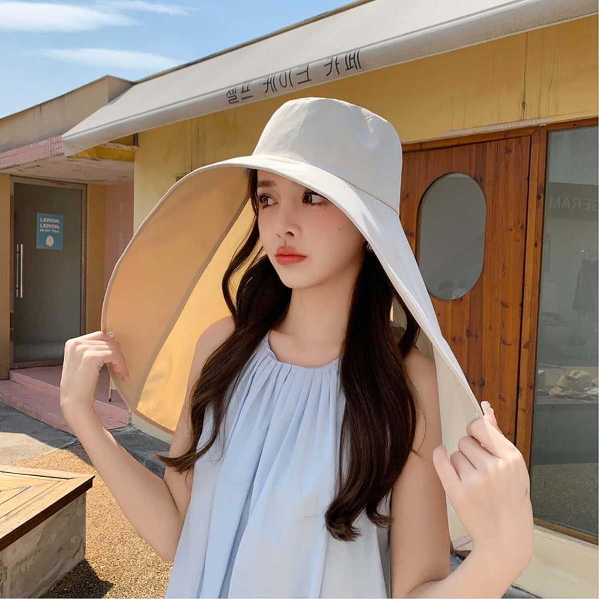 Wide Brim Sun Hat with Neck Flap and Ponytail Hole