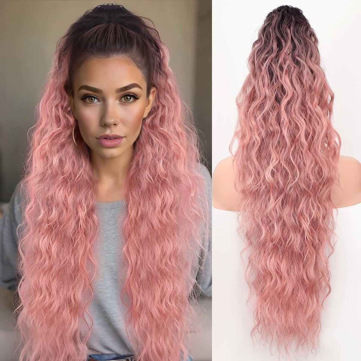 Long Wavy Ponytail Hairpiece (Water Wave) – Full Ponytail with Clip for Everyday and Party