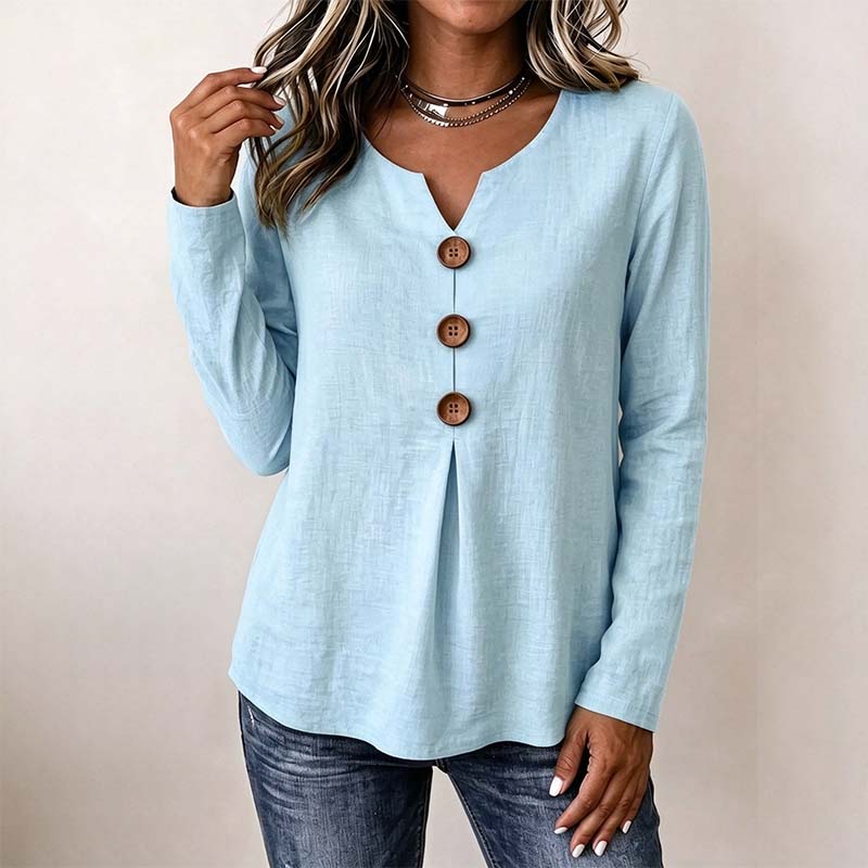Vintage Large Button Long Sleeve Top, Women's Fashion Basic Blouse