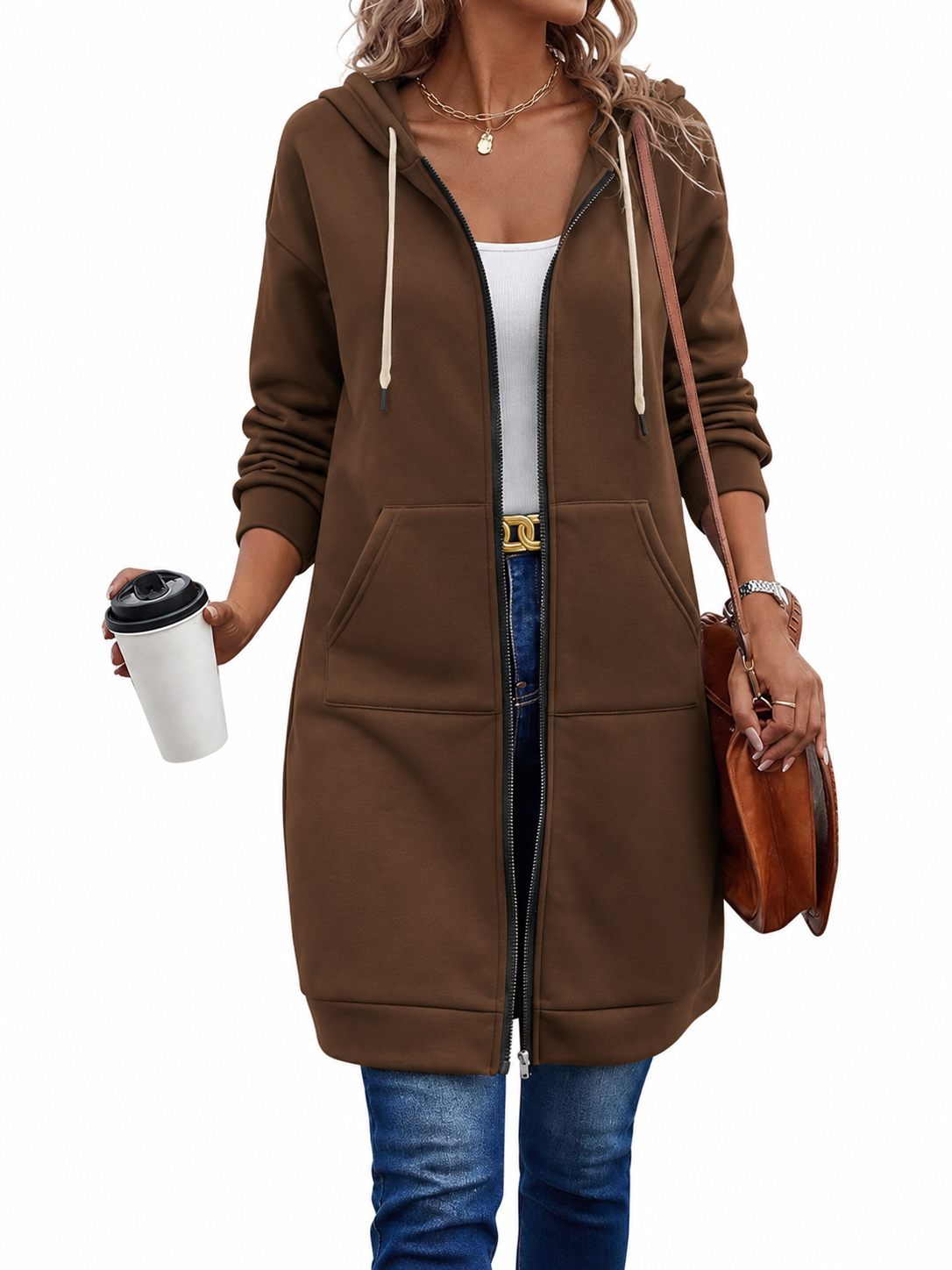 Long Zip Hoodie with Hood Drawstring