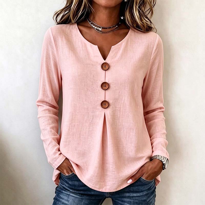 Vintage Large Button Long Sleeve Top, Women's Fashion Basic Blouse