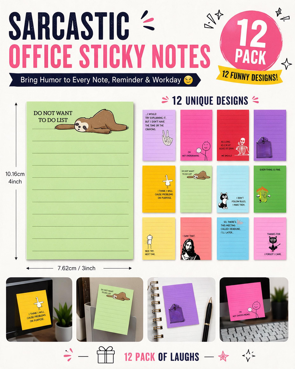 12-Pack Sarcastic Office Sticky Notes – Funny Coworker Memo Pads & Hilarious Desk Gifts