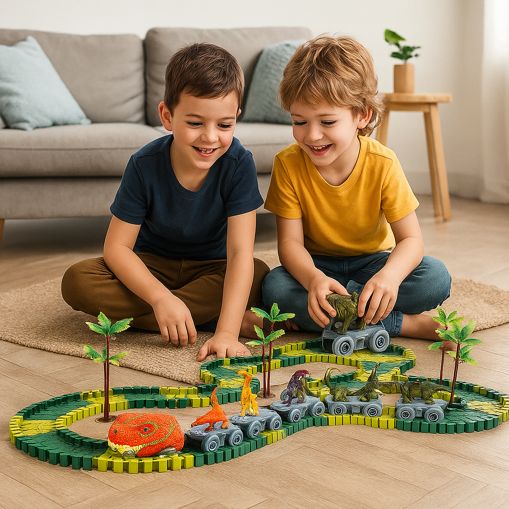 Dinosaur Track Adventure – Flexible Racetrack with Light-Up Train