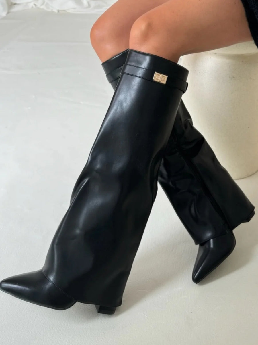 Elegant Women's Suede Boots with Golden Accents