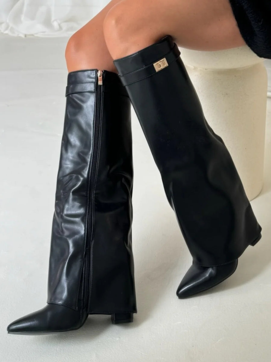 Elegant Women's Suede Boots with Golden Accents