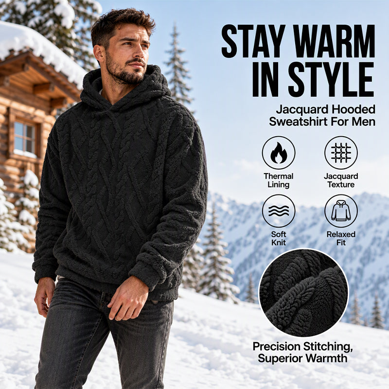 Men's Winter Fleece Lined Hoodie Jacquard Pattern Long Sleeve Pullover Sweatshirt for Casual Outdoor Wear