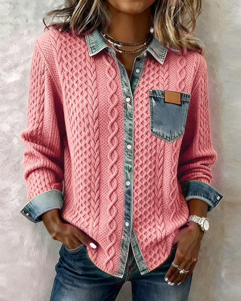 Women's Cable-Knit Cardigan with Denim Details