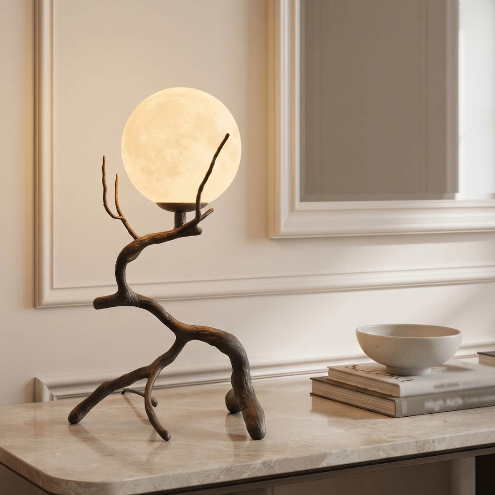 Rustic Wood Grain Moon Table Light