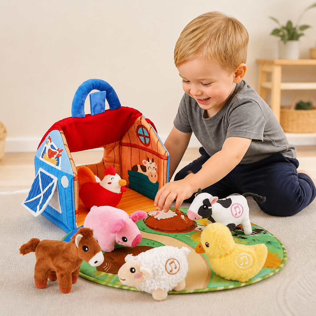 Plush Farm Animals Set – Interactive Educational Toy with Portable House