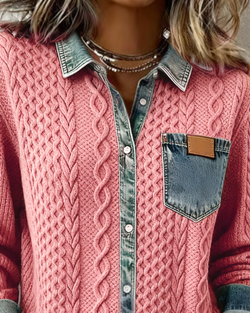 Women's Cable-Knit Cardigan with Denim Details