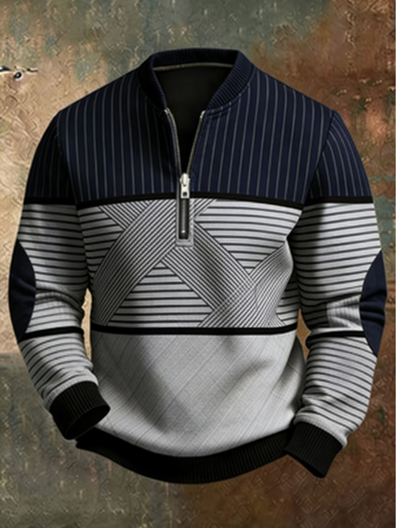 Men's Half-Zip Pullover with Stand Collar and Graphic Design