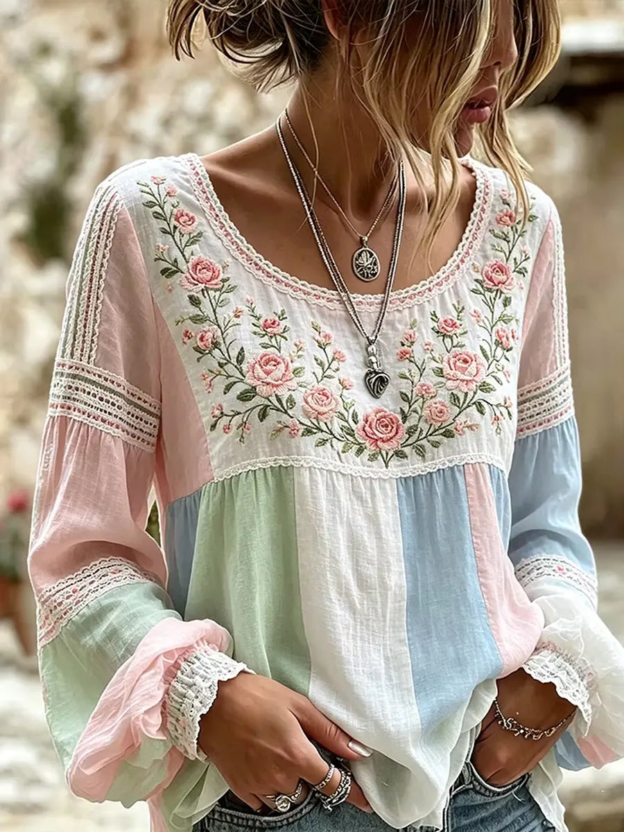 Boho Floral Embroidered Blouse