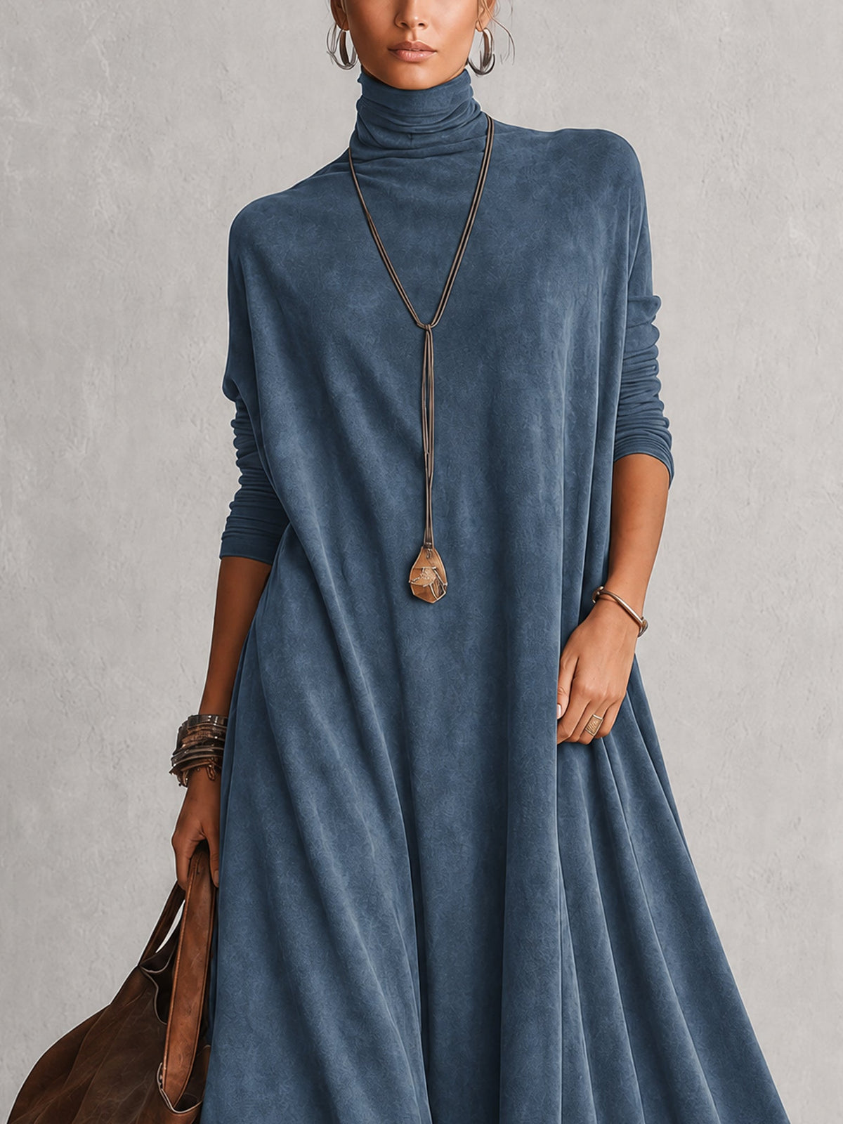 A-Line High-Neck Dress with Lace Panels and Long Sleeves
