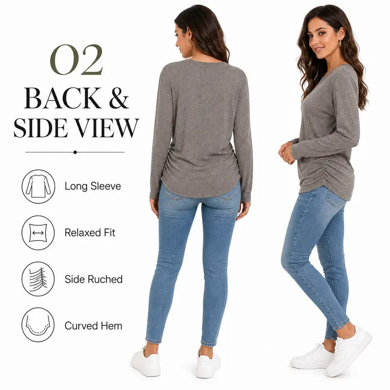 Womens Long Sleeve Shirts Ruched Hem Fall Tops Lightweight Sweaters