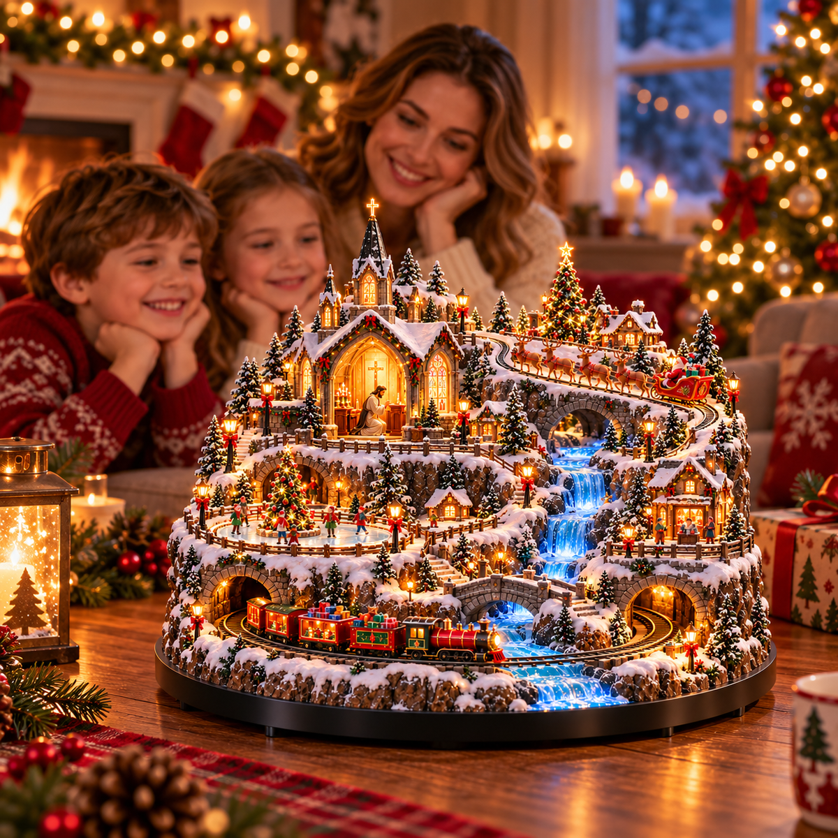 Lighted Animated Christmas Village with Train, Reindeer Sleigh & Waterfall