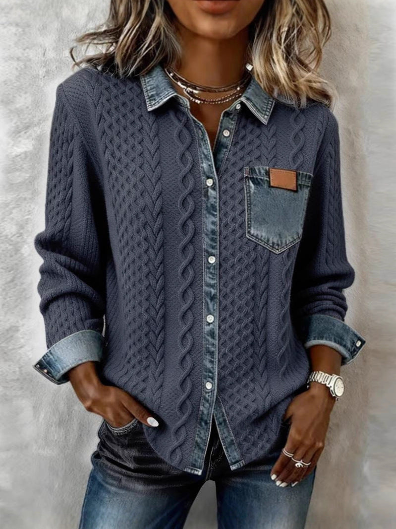 Women's Cable-Knit Cardigan with Denim Details