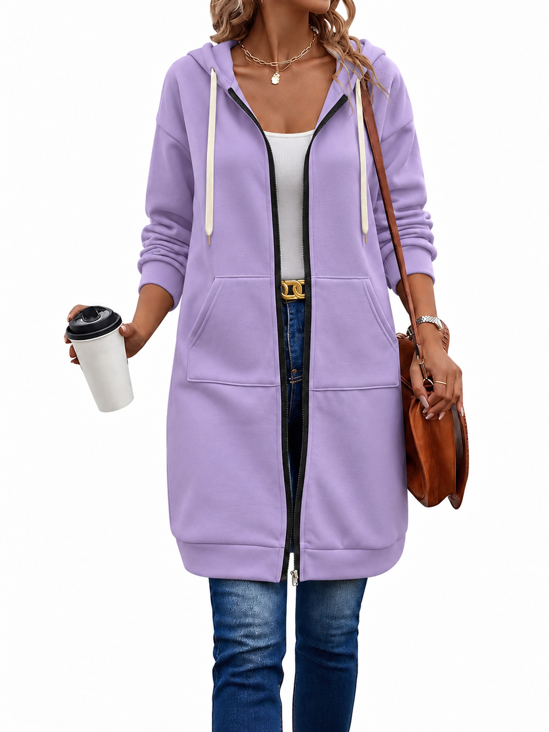 Long Zip Hoodie with Hood Drawstring