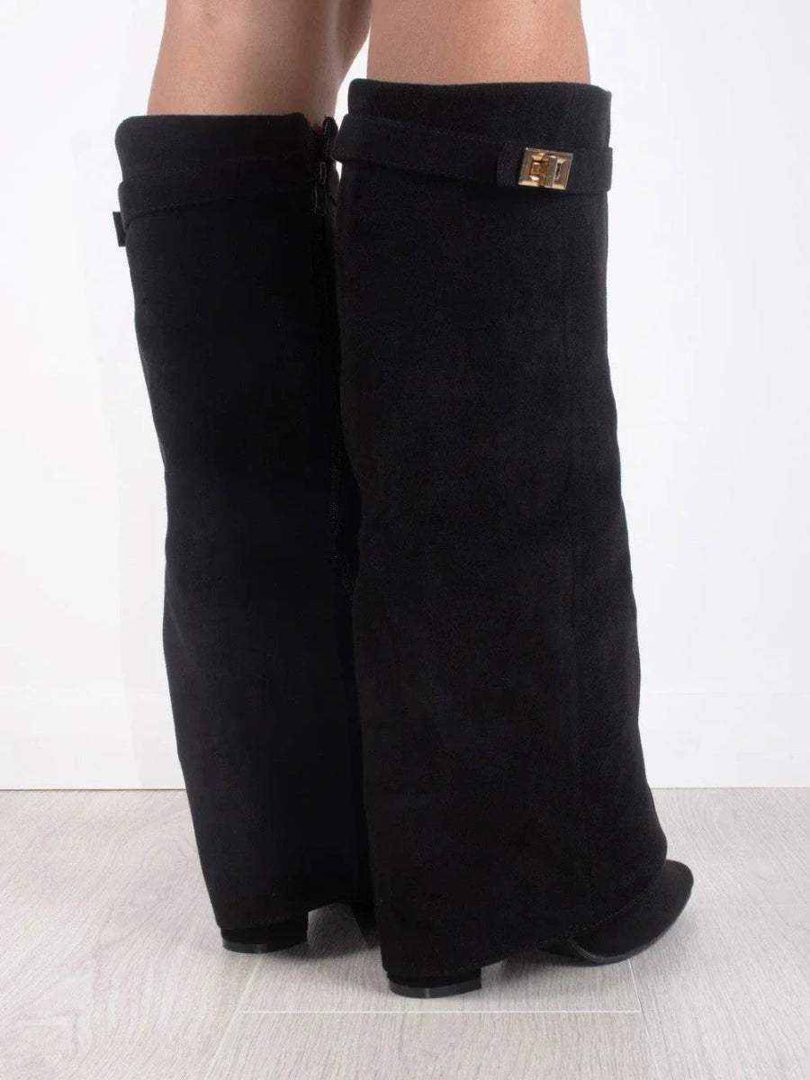 Elegant Women's Suede Boots with Golden Accents