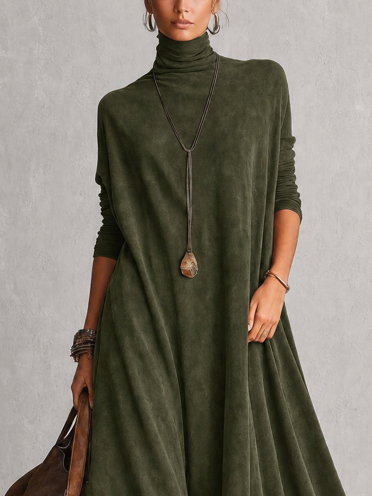 A-Line High-Neck Dress with Lace Panels and Long Sleeves