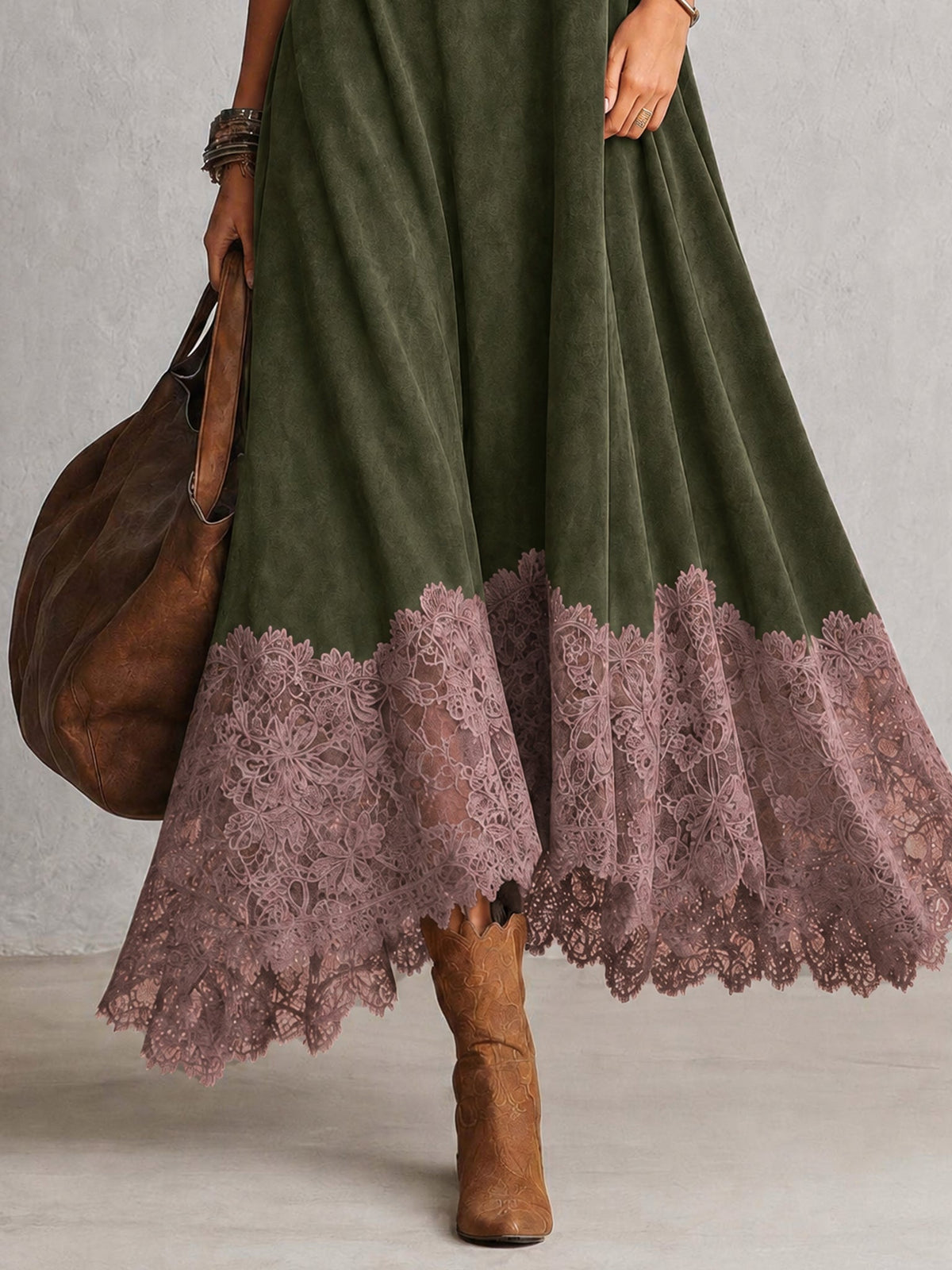 A-Line High-Neck Dress with Lace Panels and Long Sleeves