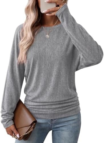 Womens Long Sleeve Shirts Ruched Hem Fall Tops Lightweight Sweaters