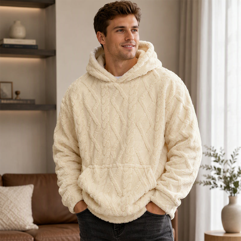 Men's Winter Fleece Lined Hoodie Jacquard Pattern Long Sleeve Pullover Sweatshirt for Casual Outdoor Wear