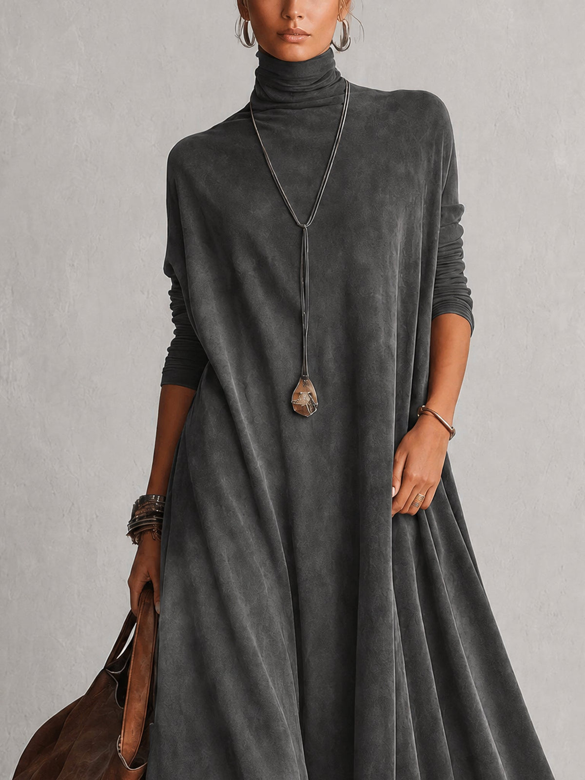 A-Line High-Neck Dress with Lace Panels and Long Sleeves