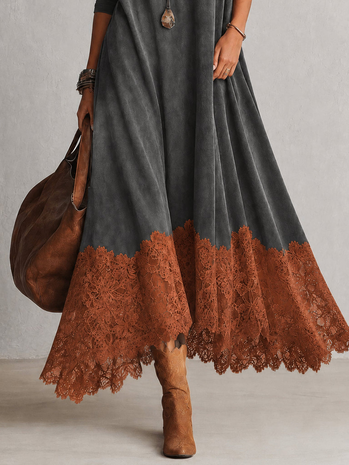 A-Line High-Neck Dress with Lace Panels and Long Sleeves