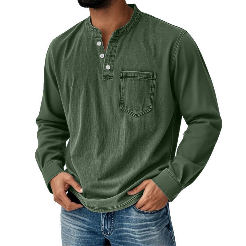 Men's Denim Shirt with Long Sleeves, V-Neck and Pocket