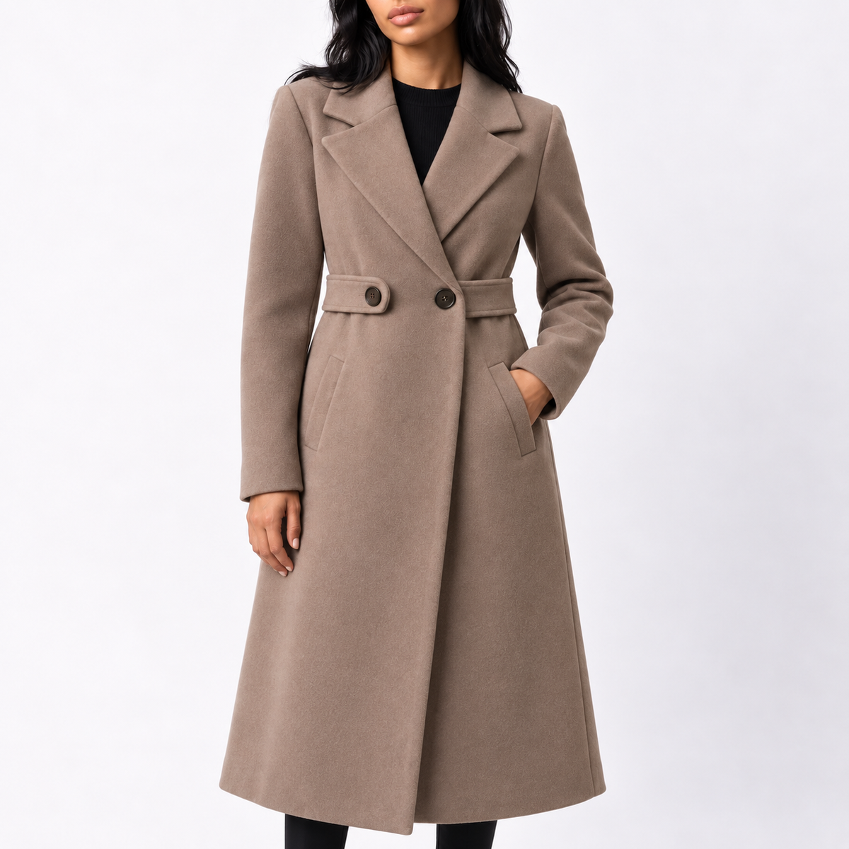 Women's Long Belted Wool Winter Coat with Wide Lapels and Side Pockets