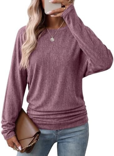 Womens Long Sleeve Shirts Ruched Hem Fall Tops Lightweight Sweaters