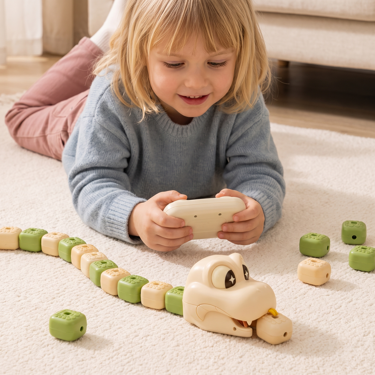 Interactive Growing Remote-Controlled Snake Toy STEM – Eats Blocks and Extends