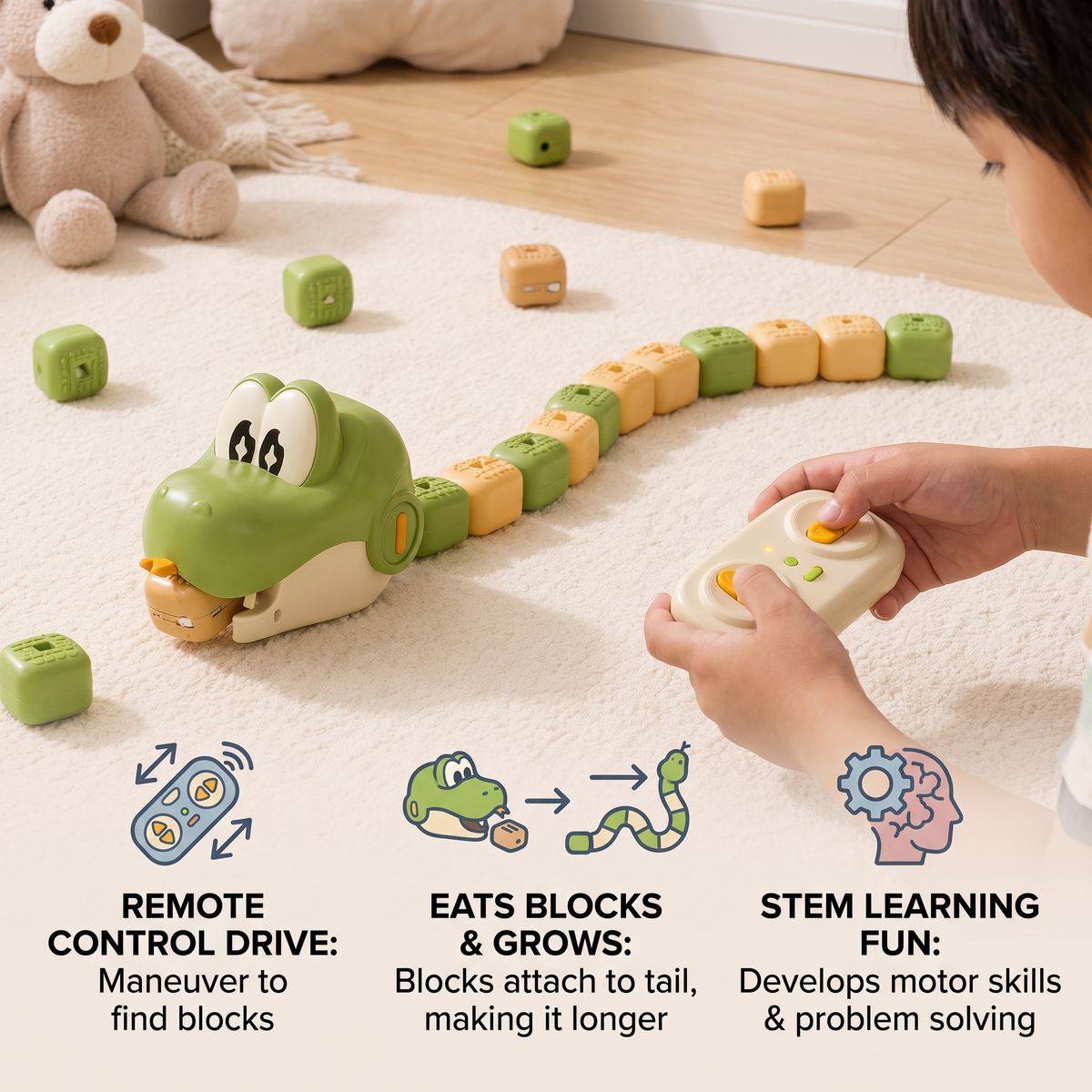 Interactive Growing Remote-Controlled Snake Toy STEM – Eats Blocks and Extends
