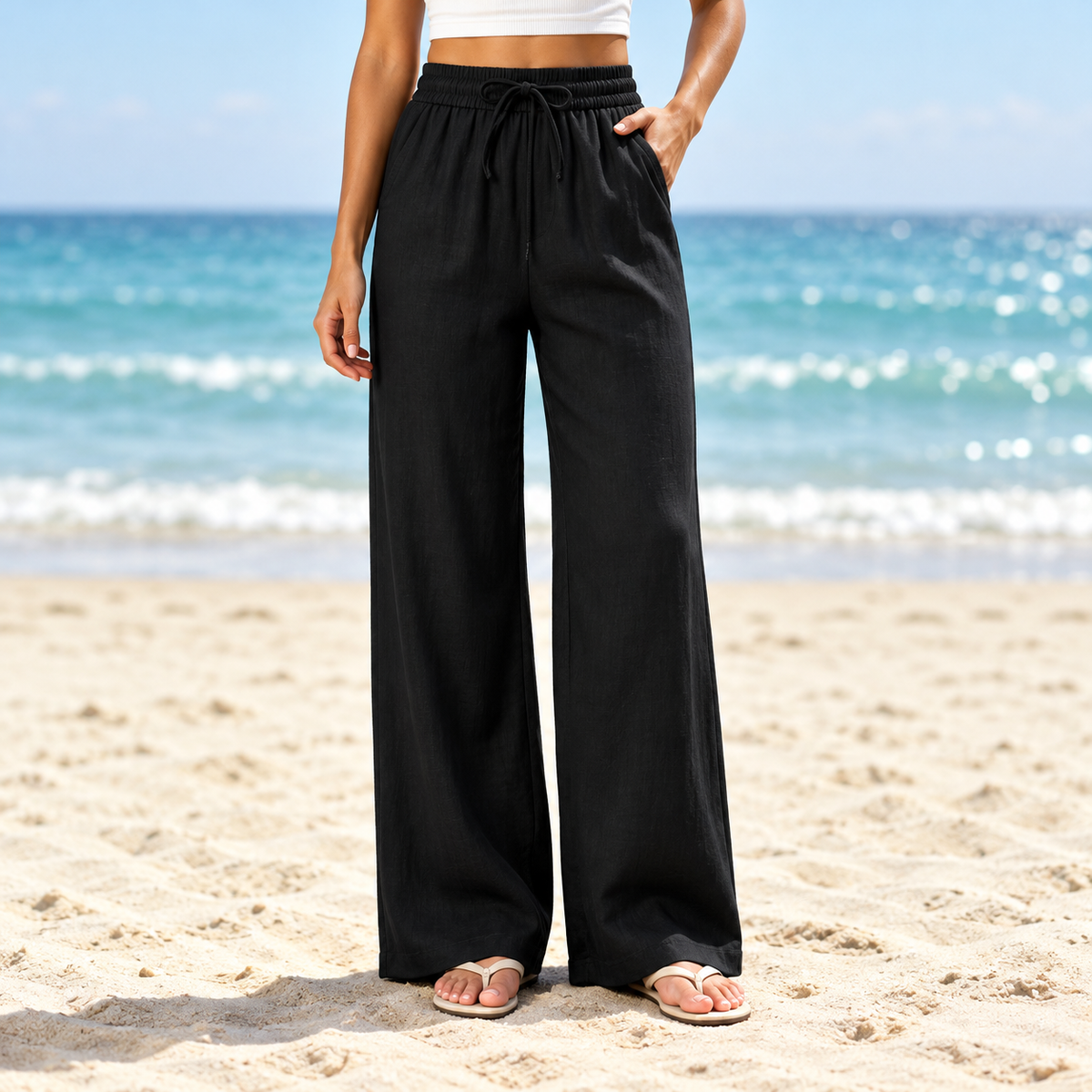 Linen Trousers with Loose Fit and Elastic Waist