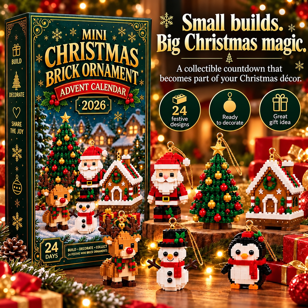 Thrives Outdoor | 24-Day Mini Christmas Decoration Advent Calendar | 24 Unique Festive Building Sets with Hanging Loops