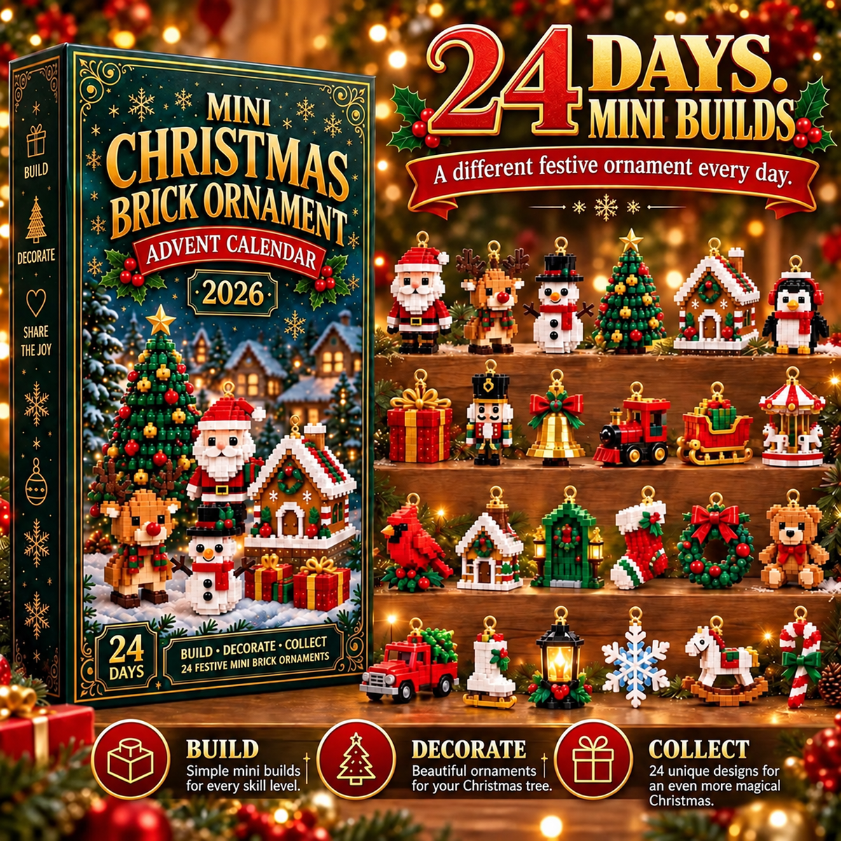 Thrives Outdoor | 24-Day Mini Christmas Decoration Advent Calendar | 24 Unique Festive Building Sets with Hanging Loops