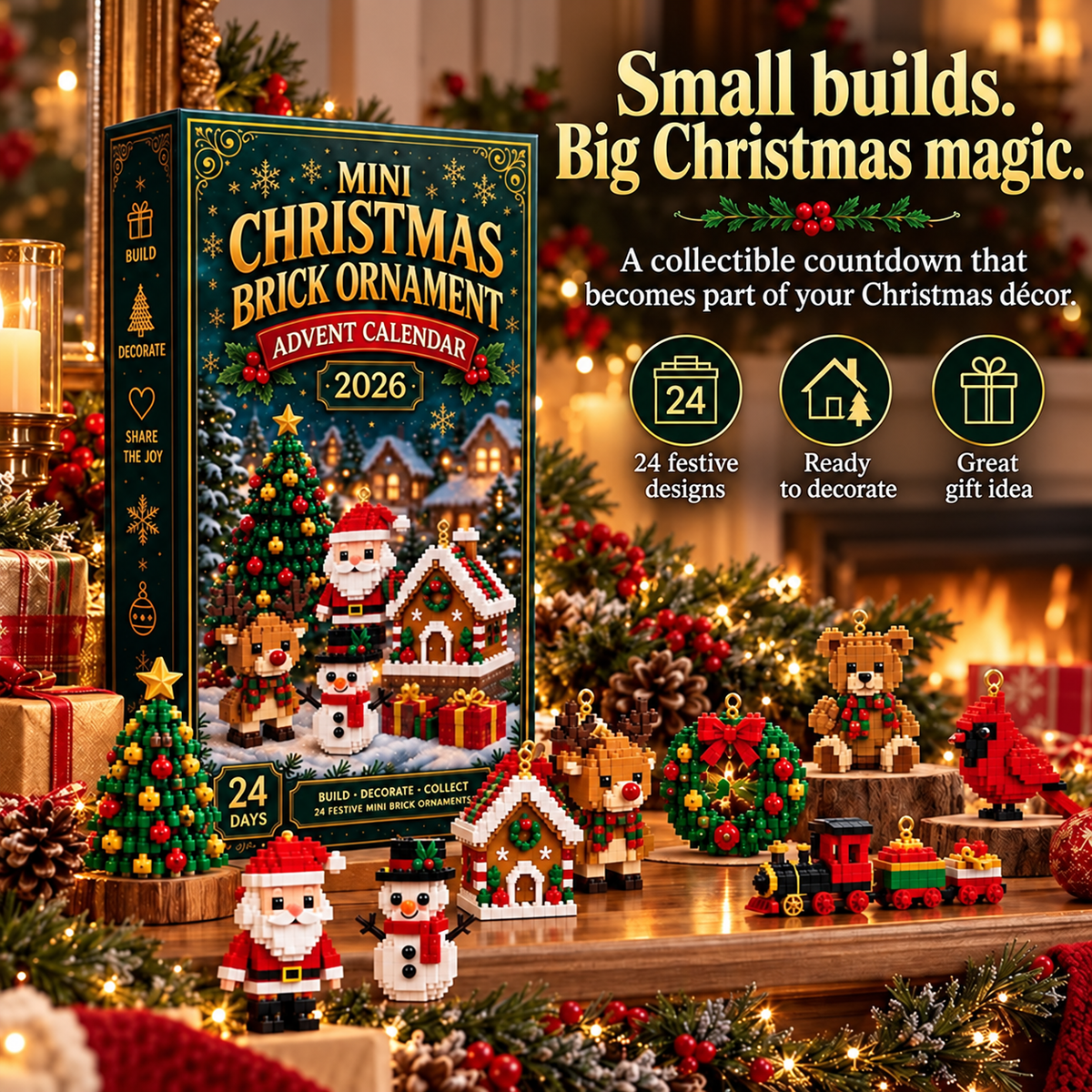 Thrives Outdoor | 24-Day Mini Christmas Decoration Advent Calendar | 24 Unique Festive Building Sets with Hanging Loops