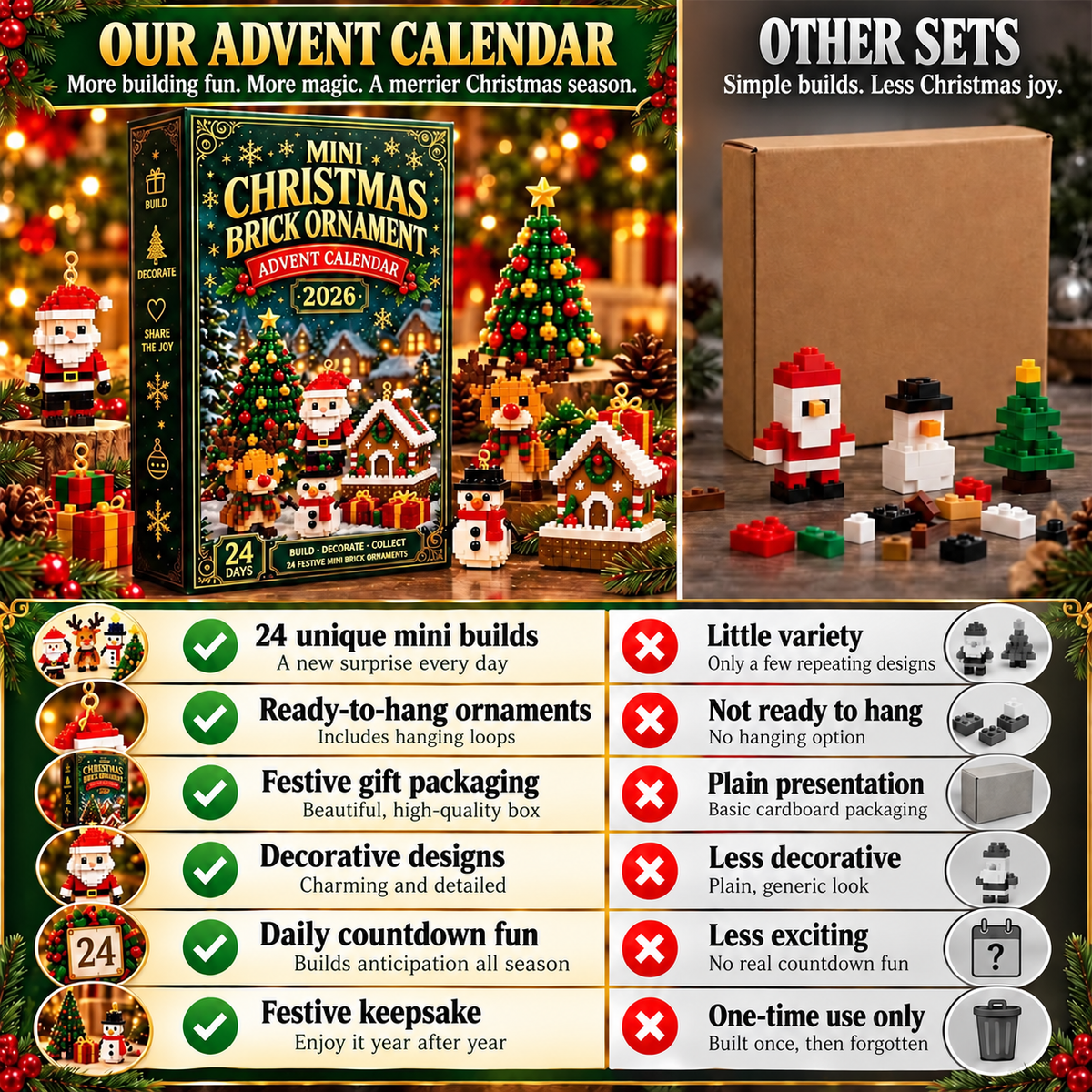 Thrives Outdoor | 24-Day Mini Christmas Decoration Advent Calendar | 24 Unique Festive Building Sets with Hanging Loops