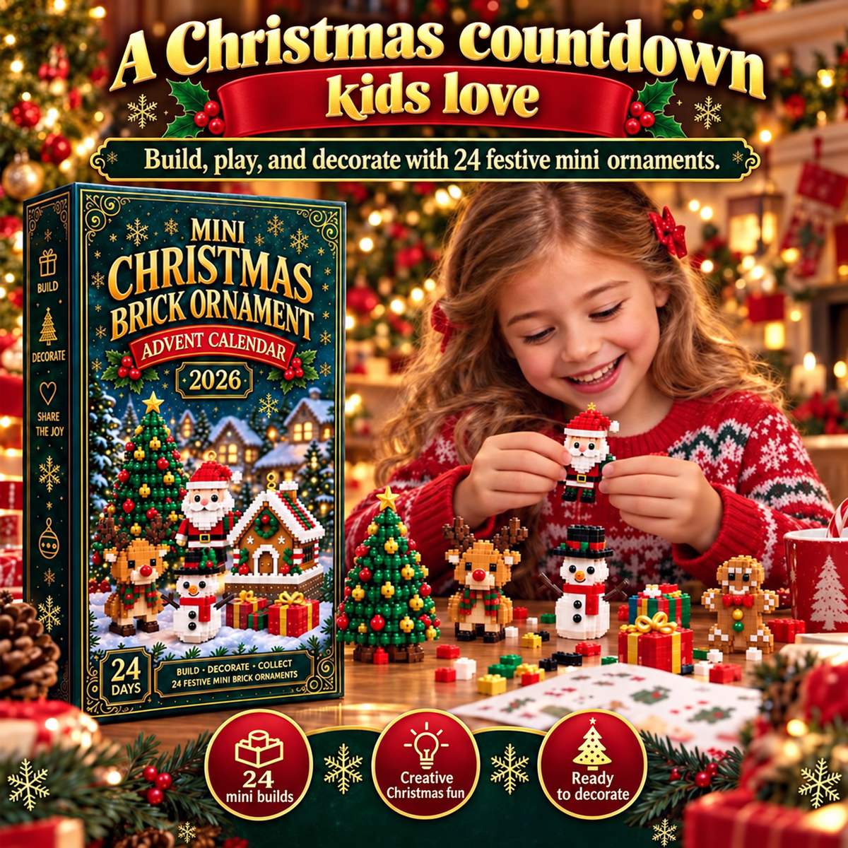 Thrives Outdoor | 24-Day Mini Christmas Decoration Advent Calendar | 24 Unique Festive Building Sets with Hanging Loops