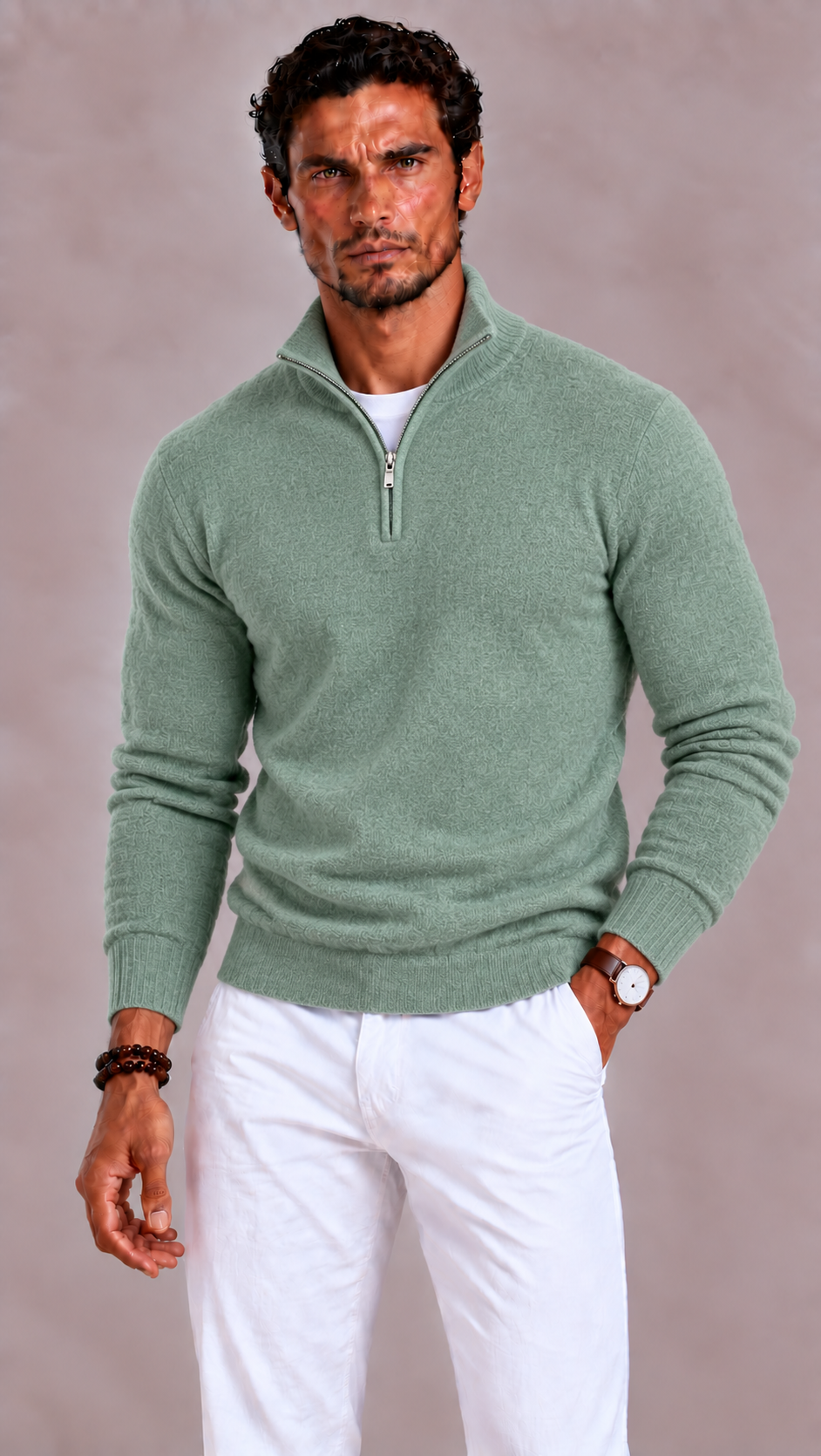 Men's Merino Wool Sweater with V-Neck and Zip Closure
