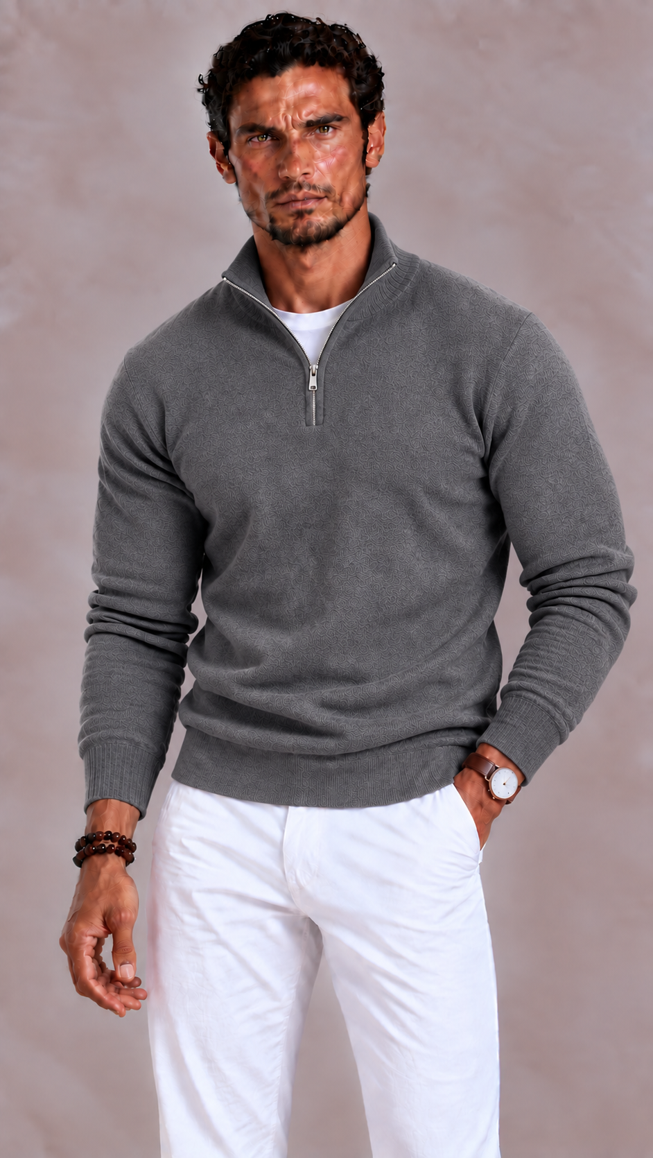 Men's Merino Wool Sweater with V-Neck and Zip Closure