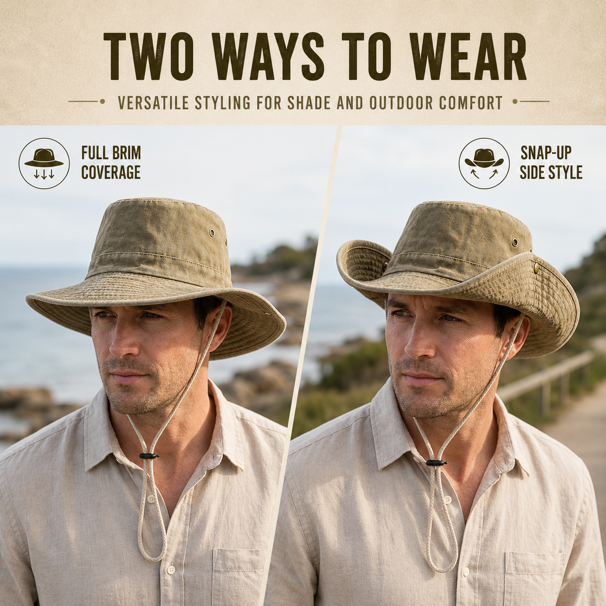 Convertible Brim Outdoor Sun Hat | Snap Side Styling