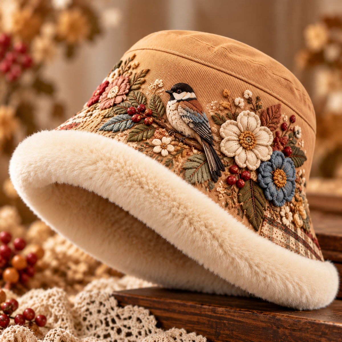 Women's Cozy Plush-Lined Winter Bucket Hat – Floral & Animal Designs