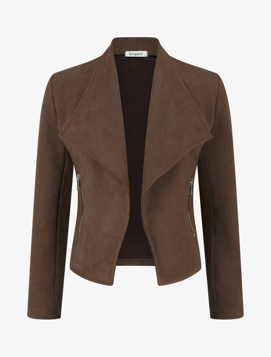 Faux Suede Jacket with Straight Collar and Zip - Brown